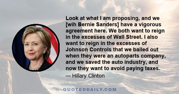 Look at what I am proposing, and we [wih Bernie Sanders] have a vigorous agreement here. We both want to reign in the excesses of Wall Street. I also want to reign in the excesses of Johnson Controls that we bailed out