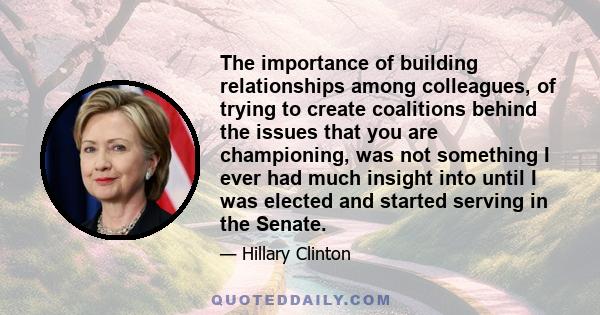 The importance of building relationships among colleagues, of trying to create coalitions behind the issues that you are championing, was not something I ever had much insight into until I was elected and started