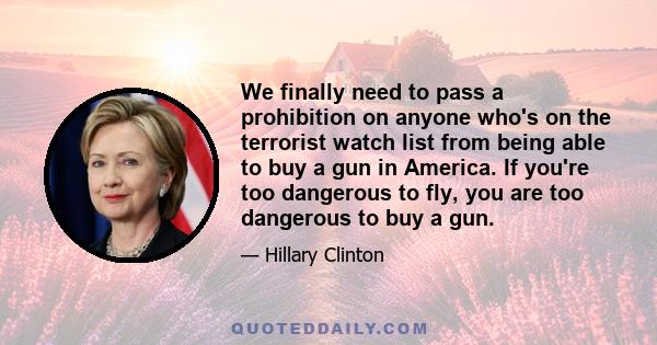 We finally need to pass a prohibition on anyone who's on the terrorist watch list from being able to buy a gun in America. If you're too dangerous to fly, you are too dangerous to buy a gun.