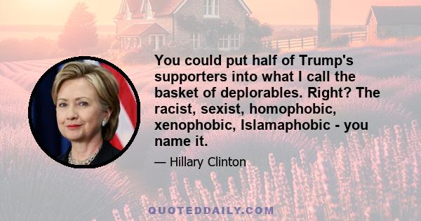 You could put half of Trump's supporters into what I call the basket of deplorables. Right? The racist, sexist, homophobic, xenophobic, Islamaphobic - you name it.