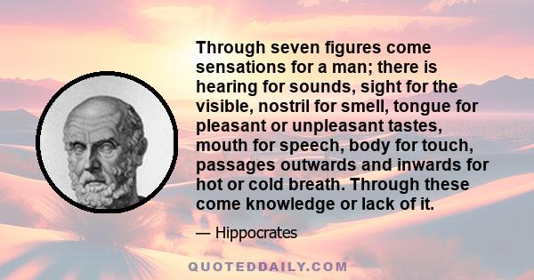 Through seven figures come sensations for a man; there is hearing for sounds, sight for the visible, nostril for smell, tongue for pleasant or unpleasant tastes, mouth for speech, body for touch, passages outwards and