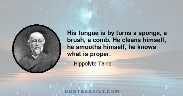 His tongue is by turns a sponge, a brush, a comb. He cleans himself, he smooths himself, he knows what is proper.