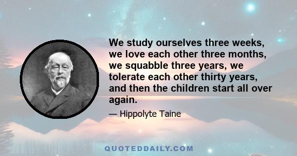 We study ourselves three weeks, we love each other three months, we squabble three years, we tolerate each other thirty years, and then the children start all over again.