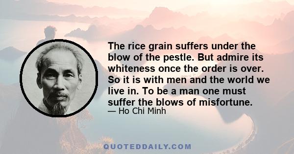 The rice grain suffers under the blow of the pestle. But admire its whiteness once the order is over. So it is with men and the world we live in. To be a man one must suffer the blows of misfortune.