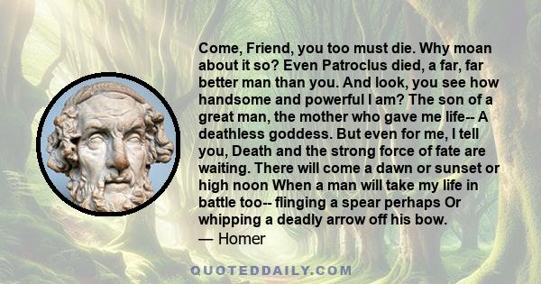 Come, Friend, you too must die. Why moan about it so? Even Patroclus died, a far, far better man than you. And look, you see how handsome and powerful I am? The son of a great man, the mother who gave me life-- A