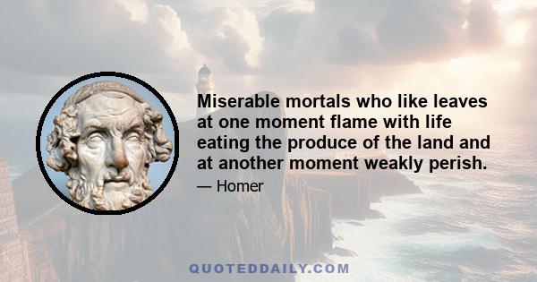 Miserable mortals who like leaves at one moment flame with life eating the produce of the land and at another moment weakly perish.