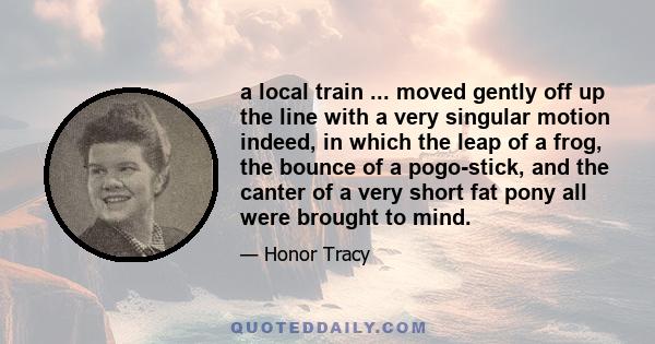 a local train ... moved gently off up the line with a very singular motion indeed, in which the leap of a frog, the bounce of a pogo-stick, and the canter of a very short fat pony all were brought to mind.