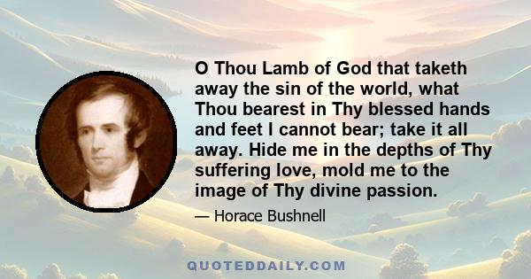 O Thou Lamb of God that taketh away the sin of the world, what Thou bearest in Thy blessed hands and feet I cannot bear; take it all away. Hide me in the depths of Thy suffering love, mold me to the image of Thy divine