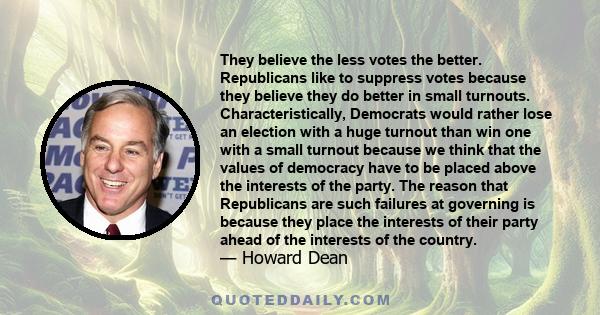 They believe the less votes the better. Republicans like to suppress votes because they believe they do better in small turnouts. Characteristically, Democrats would rather lose an election with a huge turnout than win