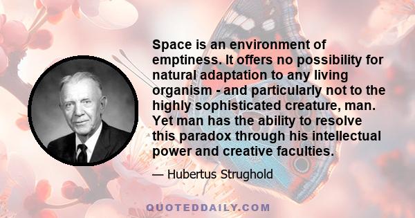 Space is an environment of emptiness. It offers no possibility for natural adaptation to any living organism - and particularly not to the highly sophisticated creature, man. Yet man has the ability to resolve this