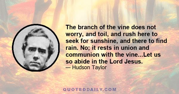 The branch of the vine does not worry, and toil, and rush here to seek for sunshine, and there to find rain. No; it rests in union and communion with the vine...Let us so abide in the Lord Jesus.