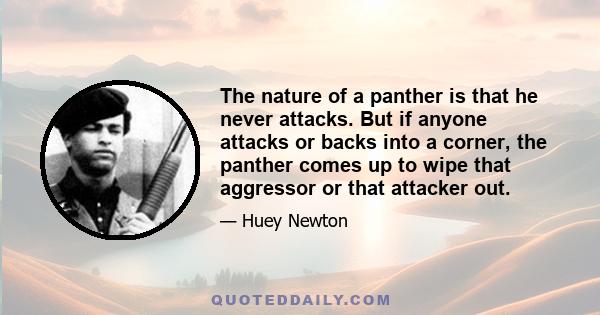 The nature of a panther is that he never attacks. But if anyone attacks or backs into a corner, the panther comes up to wipe that aggressor or that attacker out.