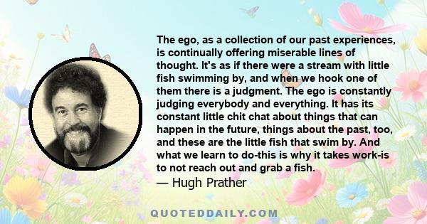 The ego, as a collection of our past experiences, is continually offering miserable lines of thought. It's as if there were a stream with little fish swimming by, and when we hook one of them there is a judgment. The