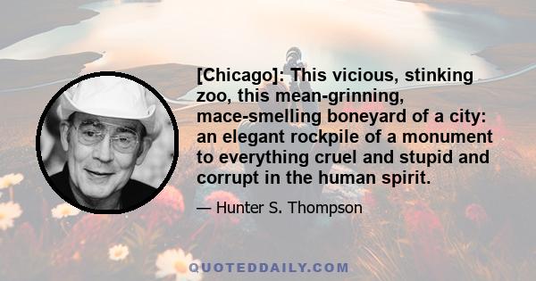 [Chicago]: This vicious, stinking zoo, this mean-grinning, mace-smelling boneyard of a city: an elegant rockpile of a monument to everything cruel and stupid and corrupt in the human spirit.