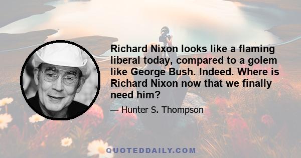 Richard Nixon looks like a flaming liberal today, compared to a golem like George Bush. Indeed. Where is Richard Nixon now that we finally need him?