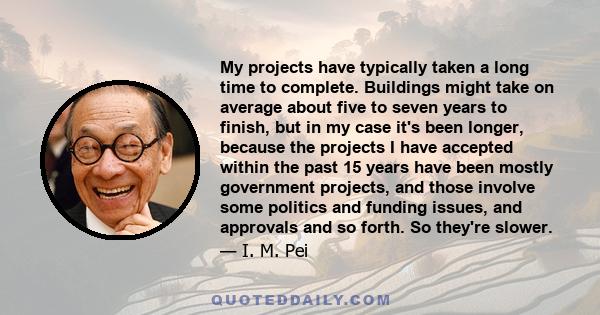 My projects have typically taken a long time to complete. Buildings might take on average about five to seven years to finish, but in my case it's been longer, because the projects I have accepted within the past 15