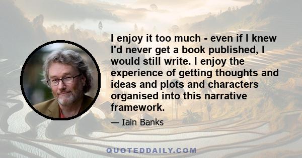 I enjoy it too much - even if I knew I'd never get a book published, I would still write. I enjoy the experience of getting thoughts and ideas and plots and characters organised into this narrative framework.