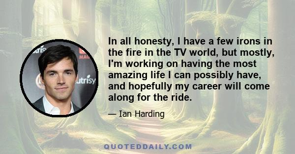 In all honesty, I have a few irons in the fire in the TV world, but mostly, I'm working on having the most amazing life I can possibly have, and hopefully my career will come along for the ride.