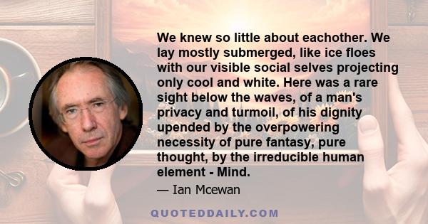 We knew so little about eachother. We lay mostly submerged, like ice floes with our visible social selves projecting only cool and white. Here was a rare sight below the waves, of a man's privacy and turmoil, of his