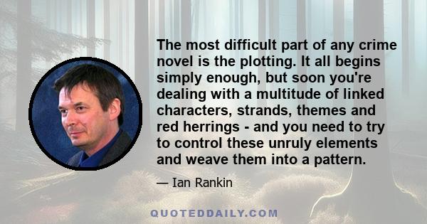 The most difficult part of any crime novel is the plotting. It all begins simply enough, but soon you're dealing with a multitude of linked characters, strands, themes and red herrings - and you need to try to control