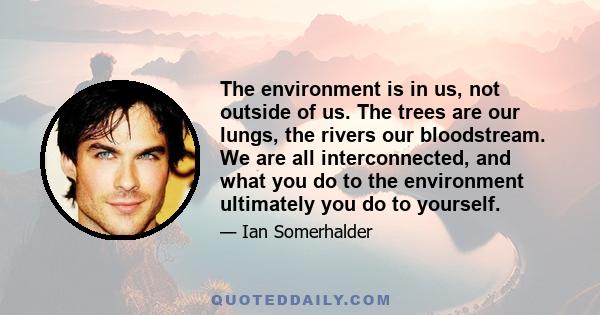 The environment is in us, not outside of us. The trees are our lungs, the rivers our bloodstream. We are all interconnected, and what you do to the environment ultimately you do to yourself.