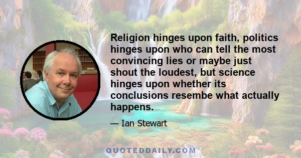 Religion hinges upon faith, politics hinges upon who can tell the most convincing lies or maybe just shout the loudest, but science hinges upon whether its conclusions resembe what actually happens.