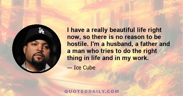 I have a really beautiful life right now, so there is no reason to be hostile. I'm a husband, a father and a man who tries to do the right thing in life and in my work.