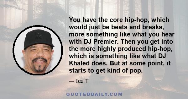 You have the core hip-hop, which would just be beats and breaks, more something like what you hear with DJ Premier. Then you get into the more highly produced hip-hop, which is something like what DJ Khaled does. But at 