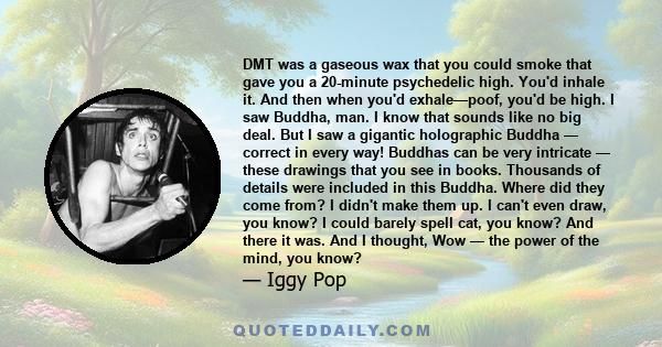 DMT was a gaseous wax that you could smoke that gave you a 20-minute psychedelic high. You'd inhale it. And then when you'd exhale—poof, you'd be high. I saw Buddha, man. I know that sounds like no big deal. But I saw a 