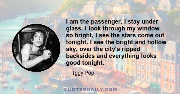 I am the passenger, I stay under glass. I look through my window so bright, I see the stars come out tonight. I see the bright and hollow sky, over the city's ripped backsides and everything looks good tonight.