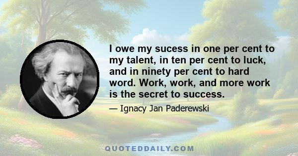 I owe my sucess in one per cent to my talent, in ten per cent to luck, and in ninety per cent to hard word. Work, work, and more work is the secret to success.