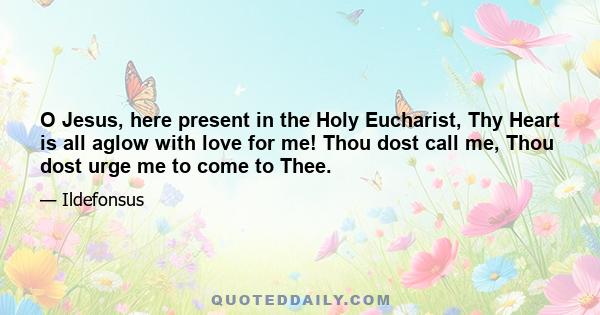 O Jesus, here present in the Holy Eucharist, Thy Heart is all aglow with love for me! Thou dost call me, Thou dost urge me to come to Thee.