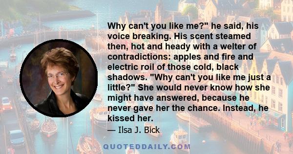 Why can't you like me? he said, his voice breaking. His scent steamed then, hot and heady with a welter of contradictions: apples and fire and electric roil of those cold, black shadows. Why can't you like me just a