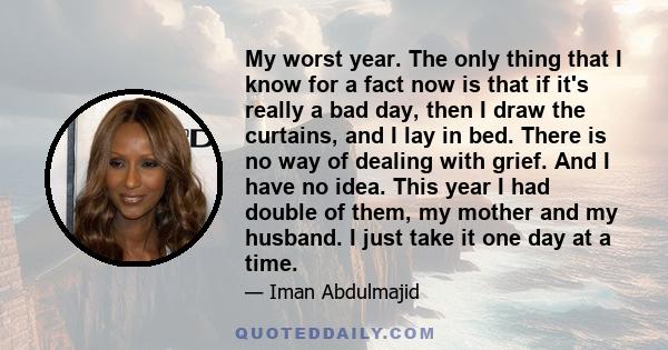 My worst year. The only thing that I know for a fact now is that if it's really a bad day, then I draw the curtains, and I lay in bed. There is no way of dealing with grief. And I have no idea. This year I had double of 