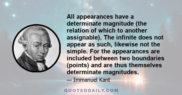 All appearances have a determinate magnitude (the relation of which to another assignable). The infinite does not appear as such, likewise not the simple. For the appearances are included between two boundaries (points) 