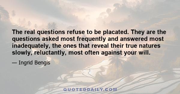 The real questions refuse to be placated. They are the questions asked most frequently and answered most inadequately, the ones that reveal their true natures slowly, reluctantly, most often against your will.