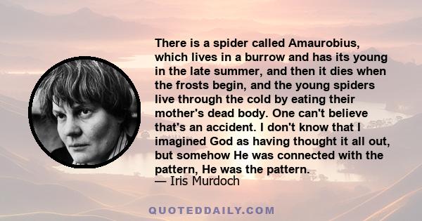 There is a spider called Amaurobius, which lives in a burrow and has its young in the late summer, and then it dies when the frosts begin, and the young spiders live through the cold by eating their mother's dead body.