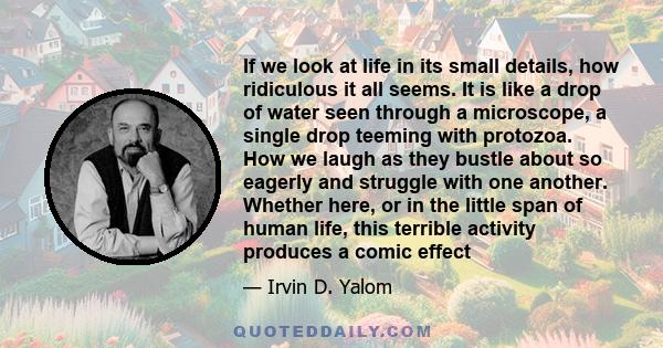 If we look at life in its small details, how ridiculous it all seems. It is like a drop of water seen through a microscope, a single drop teeming with protozoa. How we laugh as they bustle about so eagerly and struggle