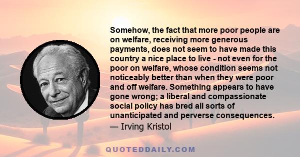 Somehow, the fact that more poor people are on welfare, receiving more generous payments, does not seem to have made this country a nice place to live - not even for the poor on welfare, whose condition seems not