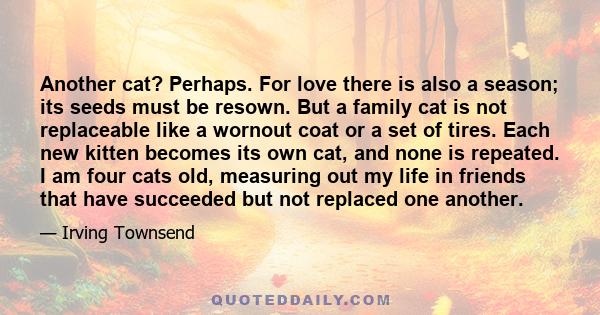 Another cat? Perhaps. For love there is also a season; its seeds must be resown. But a family cat is not replaceable like a wornout coat or a set of tires. Each new kitten becomes its own cat, and none is repeated. I am 