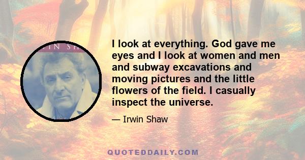 I look at everything. God gave me eyes and I look at women and men and subway excavations and moving pictures and the little flowers of the field. I casually inspect the universe.