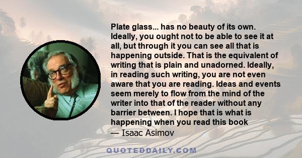 Plate glass... has no beauty of its own. Ideally, you ought not to be able to see it at all, but through it you can see all that is happening outside. That is the equivalent of writing that is plain and unadorned.