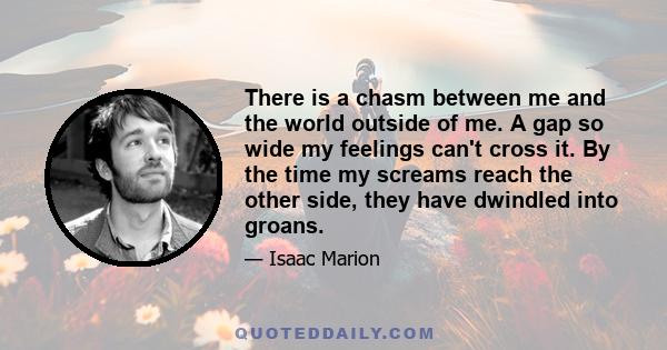 There is a chasm between me and the world outside of me. A gap so wide my feelings can't cross it. By the time my screams reach the other side, they have dwindled into groans.