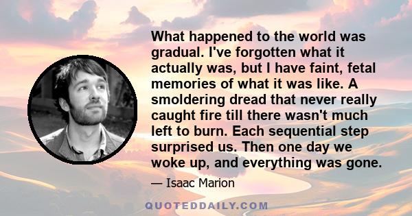 What happened to the world was gradual. I've forgotten what it actually was, but I have faint, fetal memories of what it was like. A smoldering dread that never really caught fire till there wasn't much left to burn.