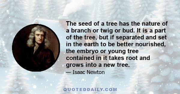 The seed of a tree has the nature of a branch or twig or bud. It is a part of the tree, but if separated and set in the earth to be better nourished, the embryo or young tree contained in it takes root and grows into a