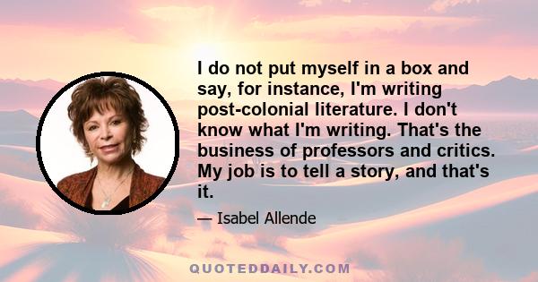 I do not put myself in a box and say, for instance, I'm writing post-colonial literature. I don't know what I'm writing. That's the business of professors and critics. My job is to tell a story, and that's it.