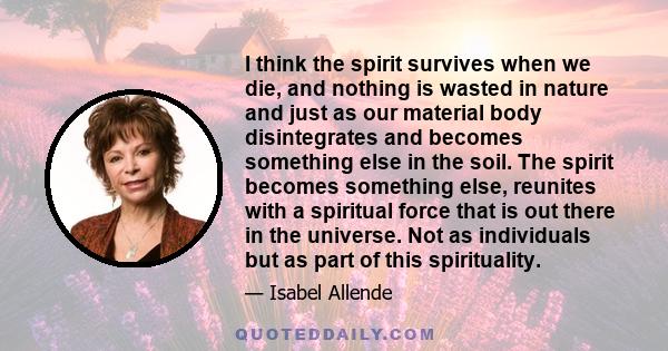 I think the spirit survives when we die, and nothing is wasted in nature and just as our material body disintegrates and becomes something else in the soil. The spirit becomes something else, reunites with a spiritual