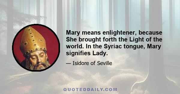 Mary means enlightener, because She brought forth the Light of the world. In the Syriac tongue, Mary signifies Lady.