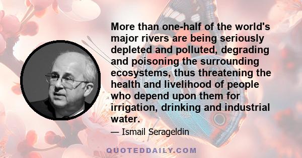 More than one-half of the world's major rivers are being seriously depleted and polluted, degrading and poisoning the surrounding ecosystems, thus threatening the health and livelihood of people who depend upon them for 