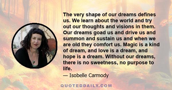 The very shape of our dreams defines us. We learn about the world and try out our thoughts and visions in them. Our dreams goad us and drive us and summon and sustain us and when we are old they comfort us. Magic is a